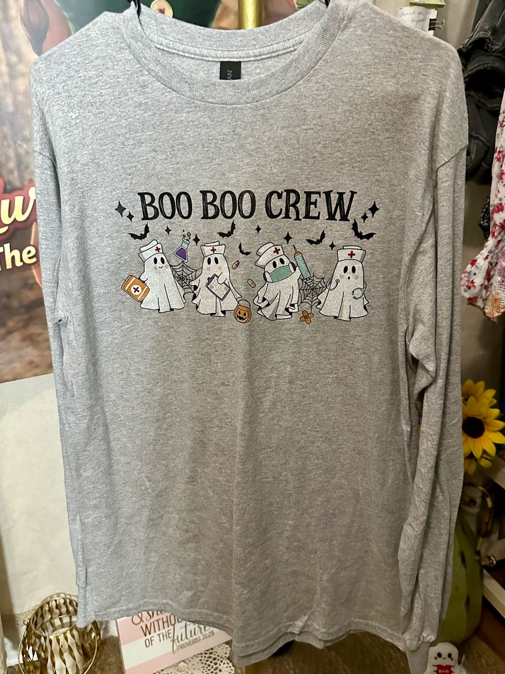 Gildan Gray "Boo Boo Crew" Long Sleeve Graphic Tee